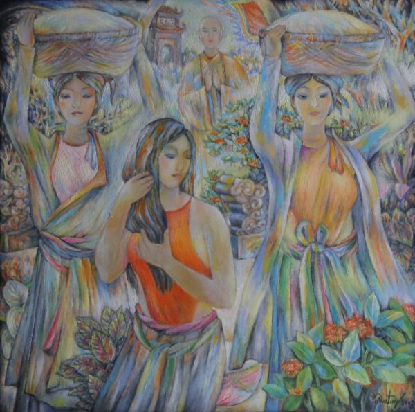 19.Trần Tuy, ba cô đội mâm lên chùa, sơn dầu trên bố, x cm, 2008