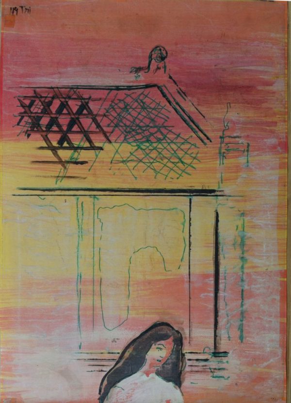 Nguyễn Gia Trí, phác thảo thiếu nữ bên chùa, tổng hợp, 74x54cm