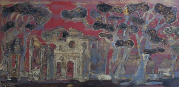 Nguyễn Xuân Việt, Đền Quán Thánh, 60x118cm, sơn mài, 1997