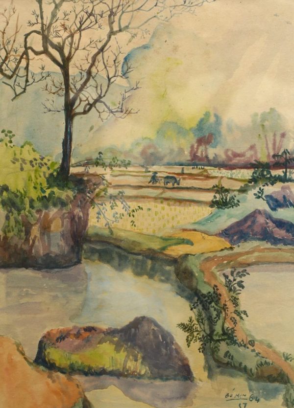 PC 33A phong cảnh Bó Mịn, mầu nước, 33,5×24,5cm, 1964, Nguyễn Sĩ Thiết (có khung)