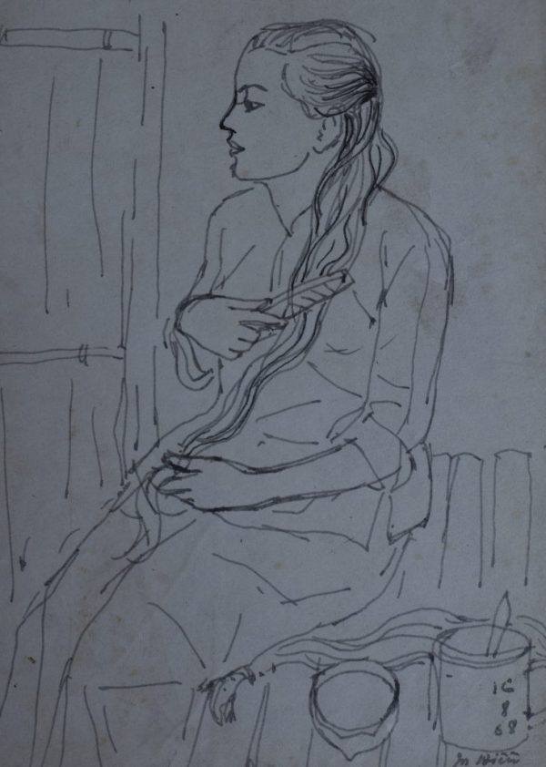 8.Vũ Ba, ký họa chải tóc, bút sắt, 18×13, 1968