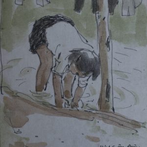 15.Vũ Ba, ký họa em Tuyết bắt cá, bút sắt đệm mầu nước, 18×13, 1968