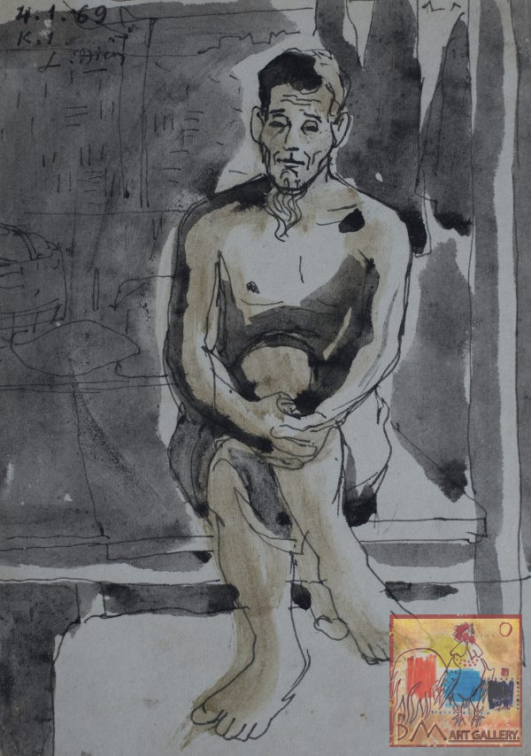 23.Vũ Ba, ký họa, bút sắt đệm mầu nước, 18×13, 1969