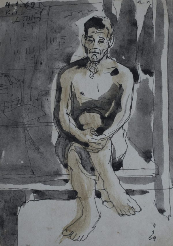 23.Vũ Ba, ký họa, bút sắt đệm mầu nước, 18×13, 1969