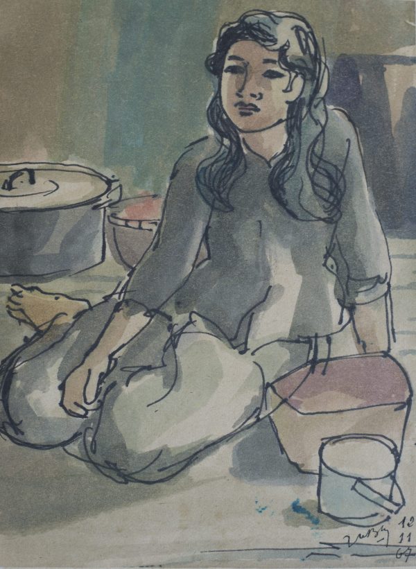 24.Vũ Ba, ký họa, bút sắt đệm mầu nước, 18×14, 1967