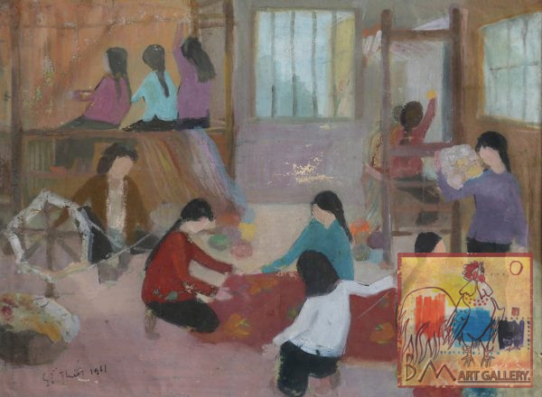 SH 31A cảnh đan len-quay sợi, bột mầu, 33.5×45,5cm, 1961, Nguyễn Sĩ Thiết