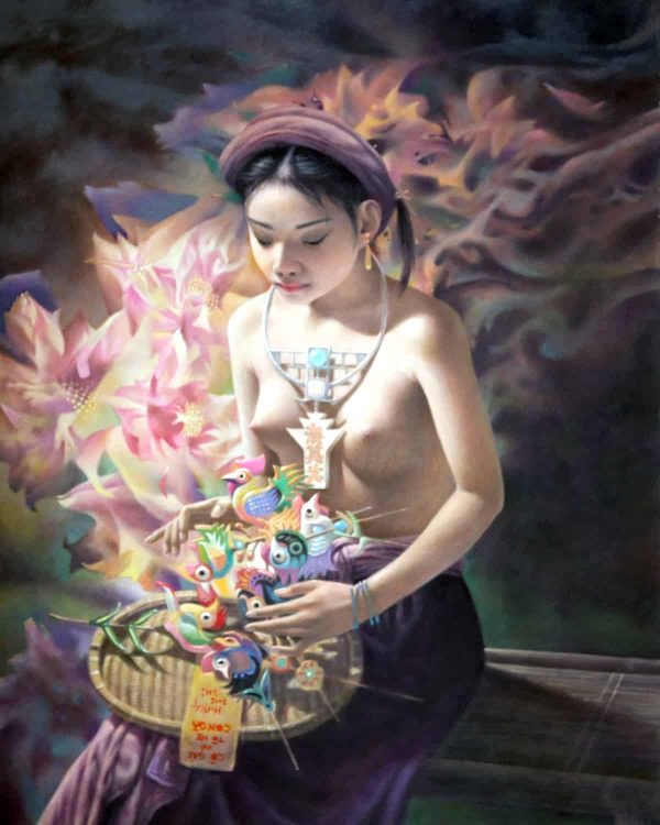 21. Nghiêm Xuân Hưng, cô gái với tò he con gà, sơn dầu, 100x80cm, 2016-2018