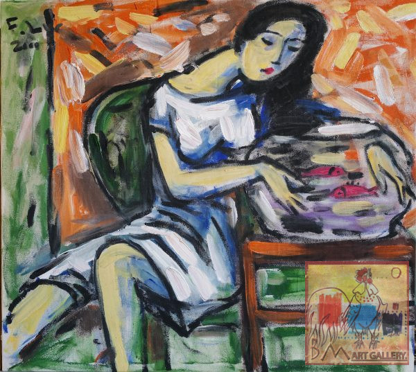 22.Phạm Lực, Cô gái bên bình cá, sơn dầu, 85×95 cm, 2001