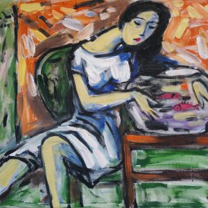 22.Phạm Lực, Cô gái bên bình cá, sơn dầu, 85×95 cm, 2001