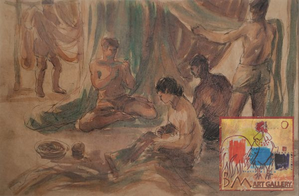 6. Thanh Sơn, Vá lưới-Mỹ Long, bút sắt đệm màu nước, 23×35 cm, 1975