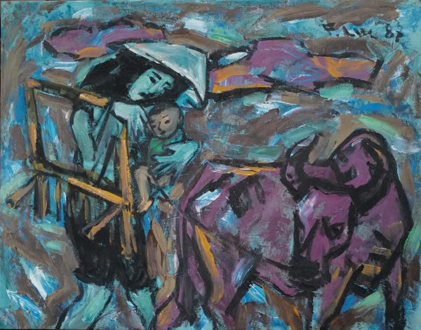 14. Phạm Lực, Mẹ con ra đồng, sơn dầu, 90x115cm, 1987