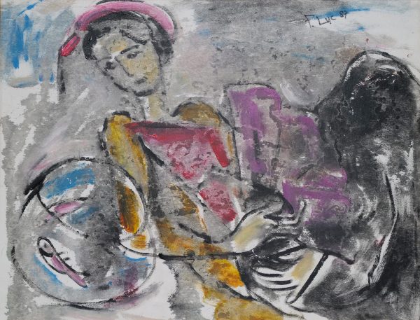 8. Phạm Lực, Thiếu nữ bên bể cá, sơn dầu, 64x84cm, 1987