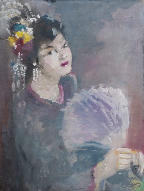 17. Lê Văn Xương, thiếu nữ với quạt lông ngỗng, bột màu, 56x42cm, 1961
