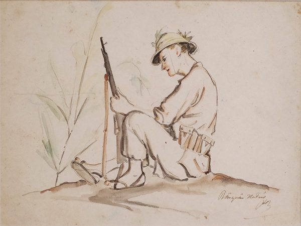 8. Lê văn Xương, Dân quân Hà Tĩnh, ký họa màu nước, 19×26.5cm