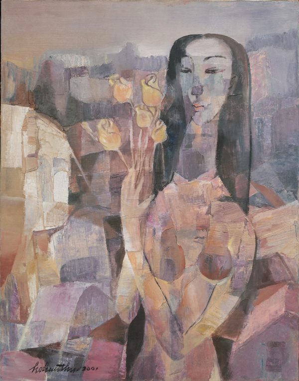 Hồ Hữu Thủ, Thiếu nữ và hoa hồng, sơn dầu, 70x55cm, 2001