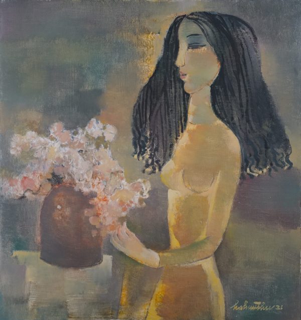 Hồ Hữu Thủ, Thiếu nữ với bình hoa, sơn dầu, 53x50cm, 2021