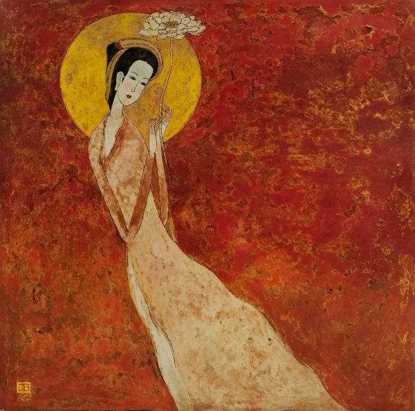 Vũ Dũng, Thiếu nữ Hà Nội xưa, sơn mài, 120x120cm, 2021