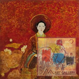Vũ Dũng, Thiếu nữ bên sen, sơn mài, 120x120cm, 2021
