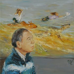 13. Nguyễn Văn Cường, bên tác phẩm ký ức tuổi thơ, sơn dầu, 68x68cm, 2014