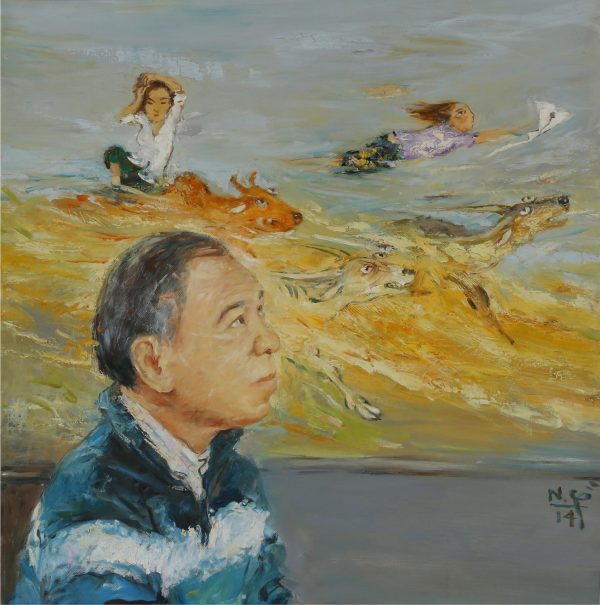 13. Nguyễn Văn Cường, bên tác phẩm ký ức tuổi thơ, sơn dầu, 68x68cm, 2014