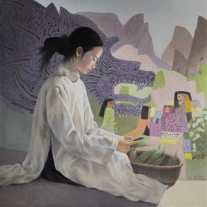 25. Nghiêm Xuân Hưng, Gọt mướp, sơn dầu, 100×100 cm, 2018