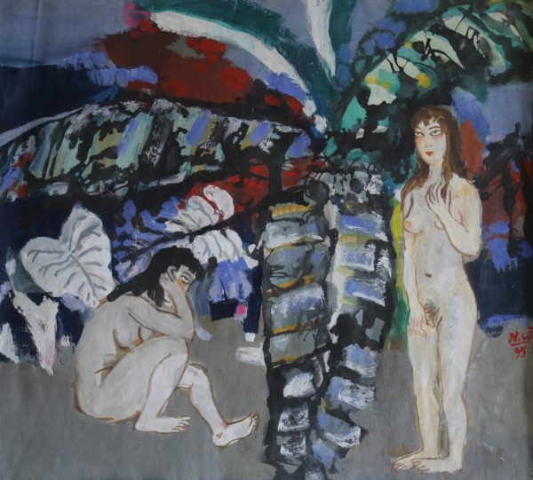 7. Nguyễn Văn Cường, Trong bụi chuối, chất liệu, 49×55 cm, 1995