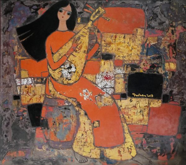 2. Dương Văn Sen, Thiếu nữ dạo đàn, sơn mài, 80x90cm, 2018