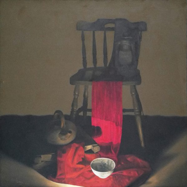 26. Lê Vượng, Khăn đỏ và ấm đất, sơn dầu, 110x110cm, 2009