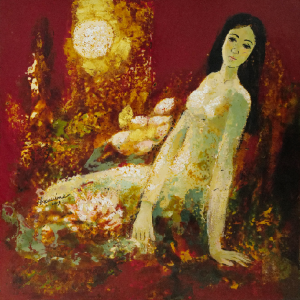 34. Đặng Kim Long, thiếu nữ đêm trăng, sơn mài, 60x60cm, 2019