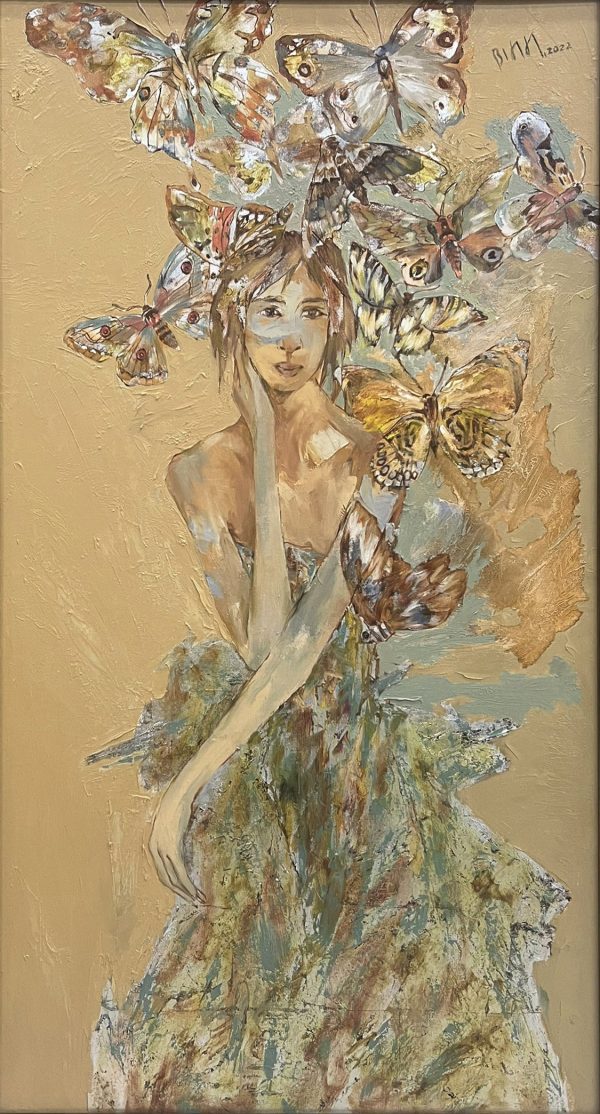 Hứa Thanh Bình, hoa bướm, sơn dầu, 148x80cm, 2022