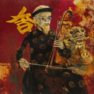 Đặng Kim Long, ông đồ, sơn mài, 60x60cm, 2019