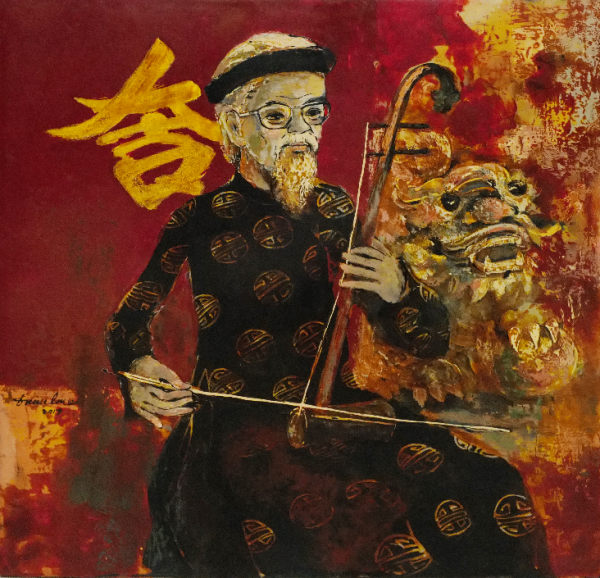 Đặng Kim Long, ông đồ, sơn mài, 60x60cm, 2019