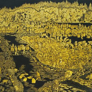 Huỳnh VănThuận, Ngày mùa ở hợp tác xã nông nghiệp bậc cao Vĩnh Kim, sơn khắc, 80x120cm, 1960