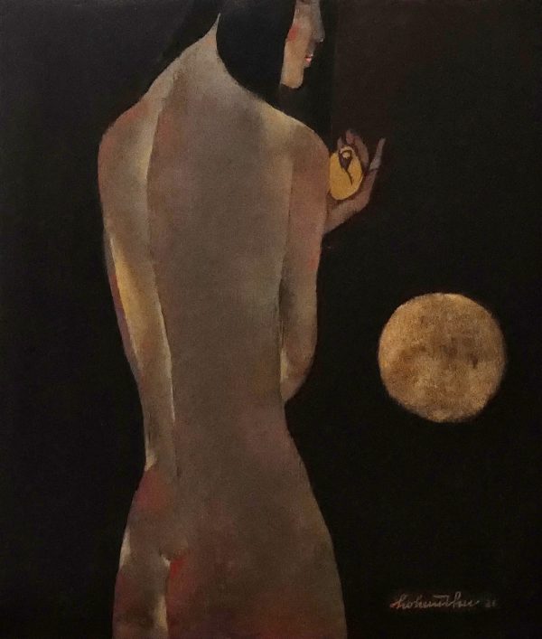 Hồ Hữu Thủ, Thiếu nữ với ánh trăng(Lady with moonlight), sơn mài, 60×69 cm, 2021