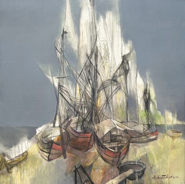 Hồ Hữu Thủ, bến thuyền(Boating), sơn dầu, 100x100cm, 2023