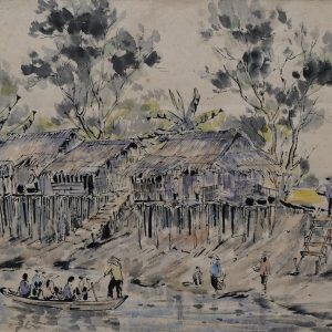 Lâm Kim, Bến đò, màu nước, 47x61cm,1976