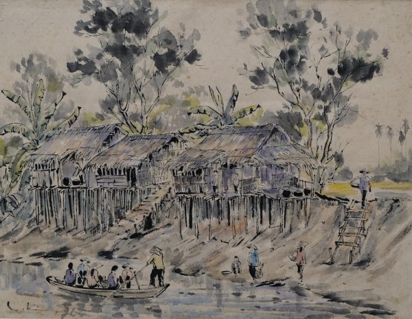 Lâm Kim, Bến đò, màu nước, 47x61cm,1976