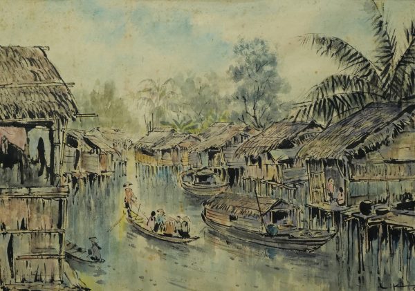 Lâm Kim, Chuyến đò, màu nước, 45.5x64cm